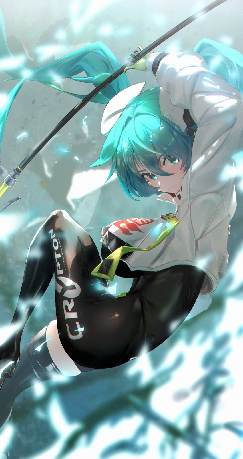 1girl absurdres alternate_breast_size aqua_eyes aqua_hair asymmetrical_bodysuit black_bodysuit bloom bodysuit boots breasts closed_mouth cropped_jacket flag flagpole flame_print from_side gloves goodsmile_racing green_flag green_gloves hair_between_eyes hatsune_miku high_collar highres holding holding_pole jacket large_breasts long_hair looking_at_viewer necktie pole race_queen racing_miku racing_miku_(2022) shinomiya_shizu single_leg_bodysuit single_thigh_boot smile solo standing standing_on_one_leg text_print thigh_boots twintails very_long_hair vocaloid white_jacket