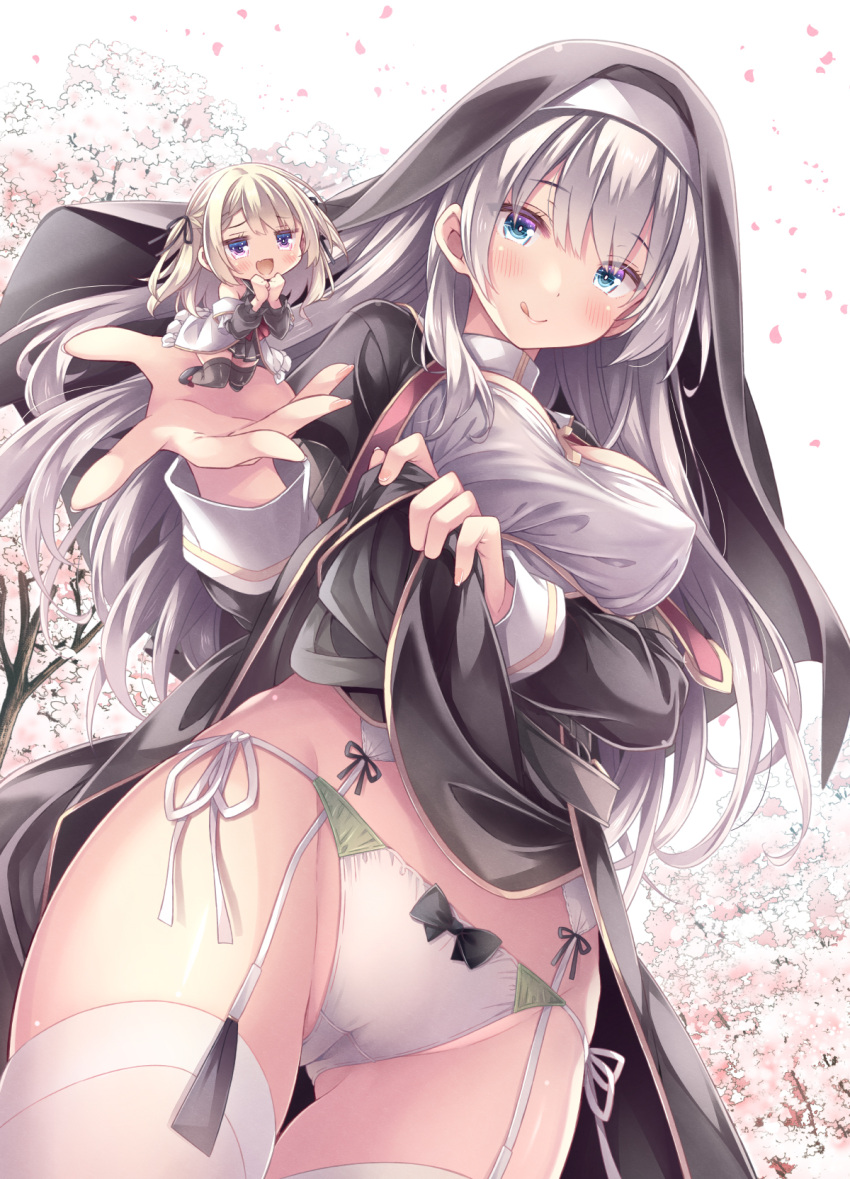 2girls :d :p black_dress blonde_hair blue_eyes blush bow bow_panties breasts cameltoe cherry_blossoms chibi closed_mouth clothes_lift commentary_request covered_nipples dress dress_lift garter_belt garter_straps highres licking_lips lifted_by_self long_hair looking_at_viewer medium_breasts multiple_girls nun open_mouth original panties purple_eyes ryo_(botugo) smile thighhighs tongue tongue_out underwear white_background white_dress white_hair white_panties white_thighhighs