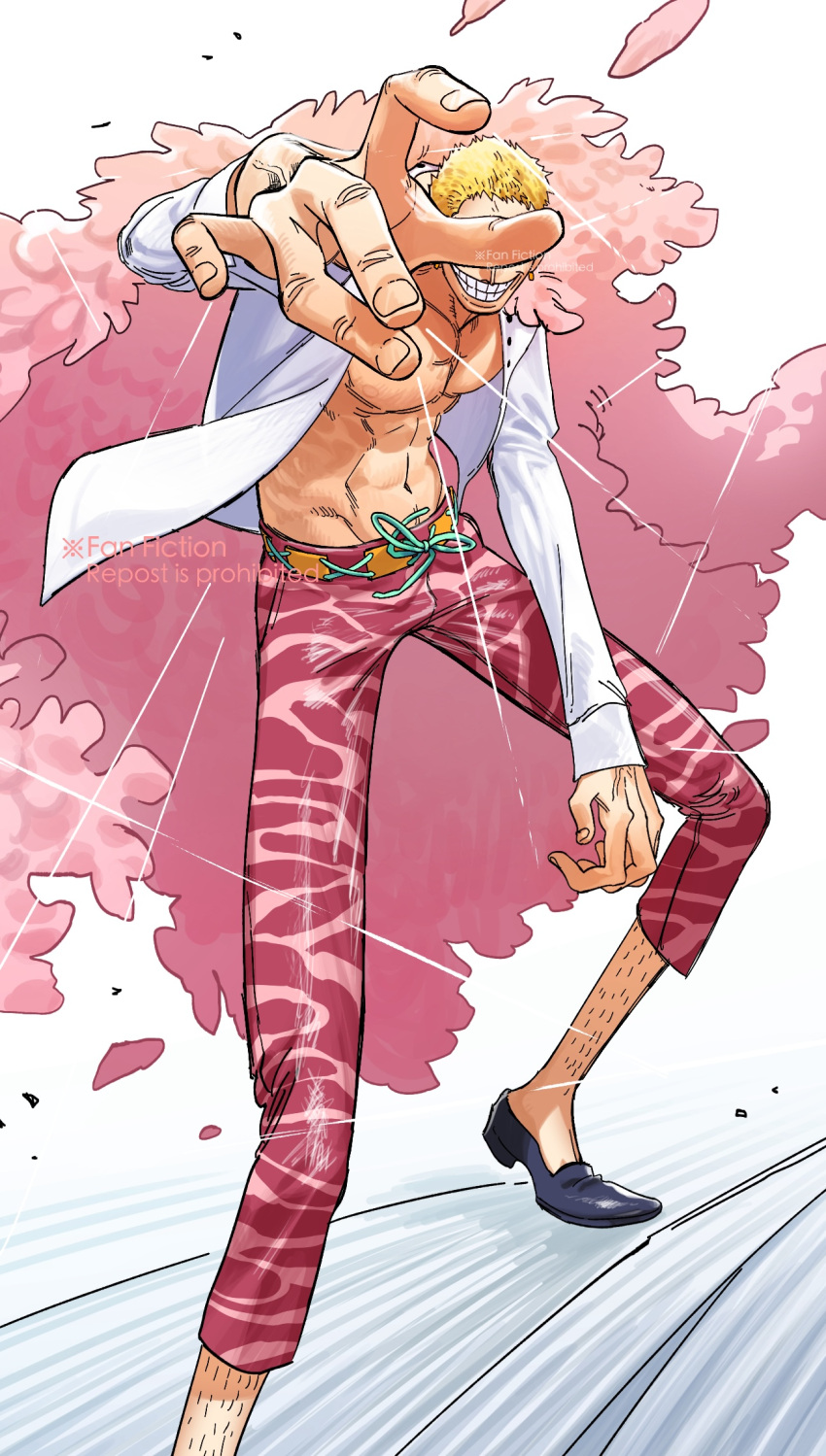 1boy blonde_hair capri_pants coat covered_eyes donquixote_doflamingo e_mouth69 earrings english_text feather_coat highres jewelry leg_hair male_focus muscular muscular_male one_piece open_clothes outstretched_arm pants pink_coat pink_pants shirt short_hair smile solo thread white_shirt