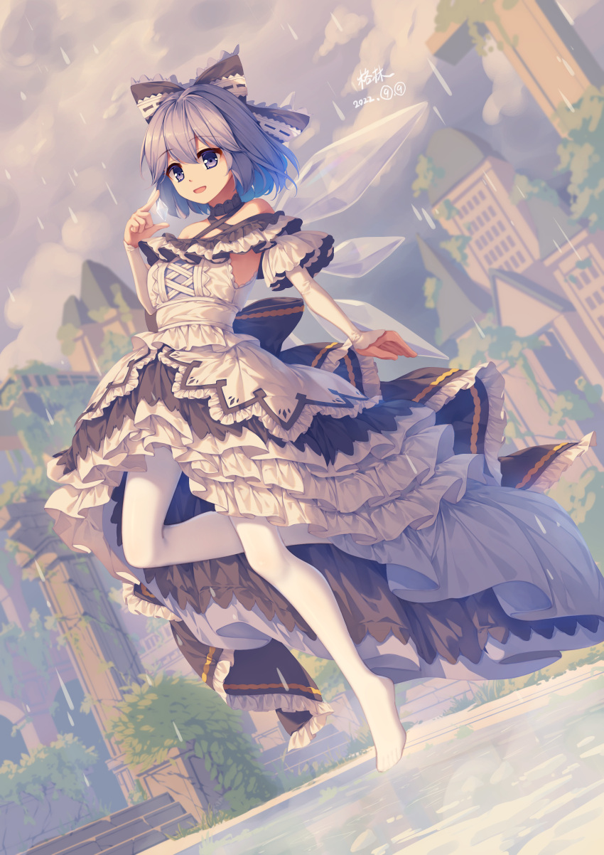 1girl absurdres alternate_costume back_bow blue_bow blue_eyes blue_hair bow building cirno criss-cross_halter dress fairy full_body hair_between_eyes hair_bow halterneck high-low_skirt highres ice ice_wings long_sleeves mechrailgun no_shoes off-shoulder_dress off_shoulder open_mouth pantyhose short_hair smile solo standing standing_on_one_leg touhou white_dress white_pantyhose wings
