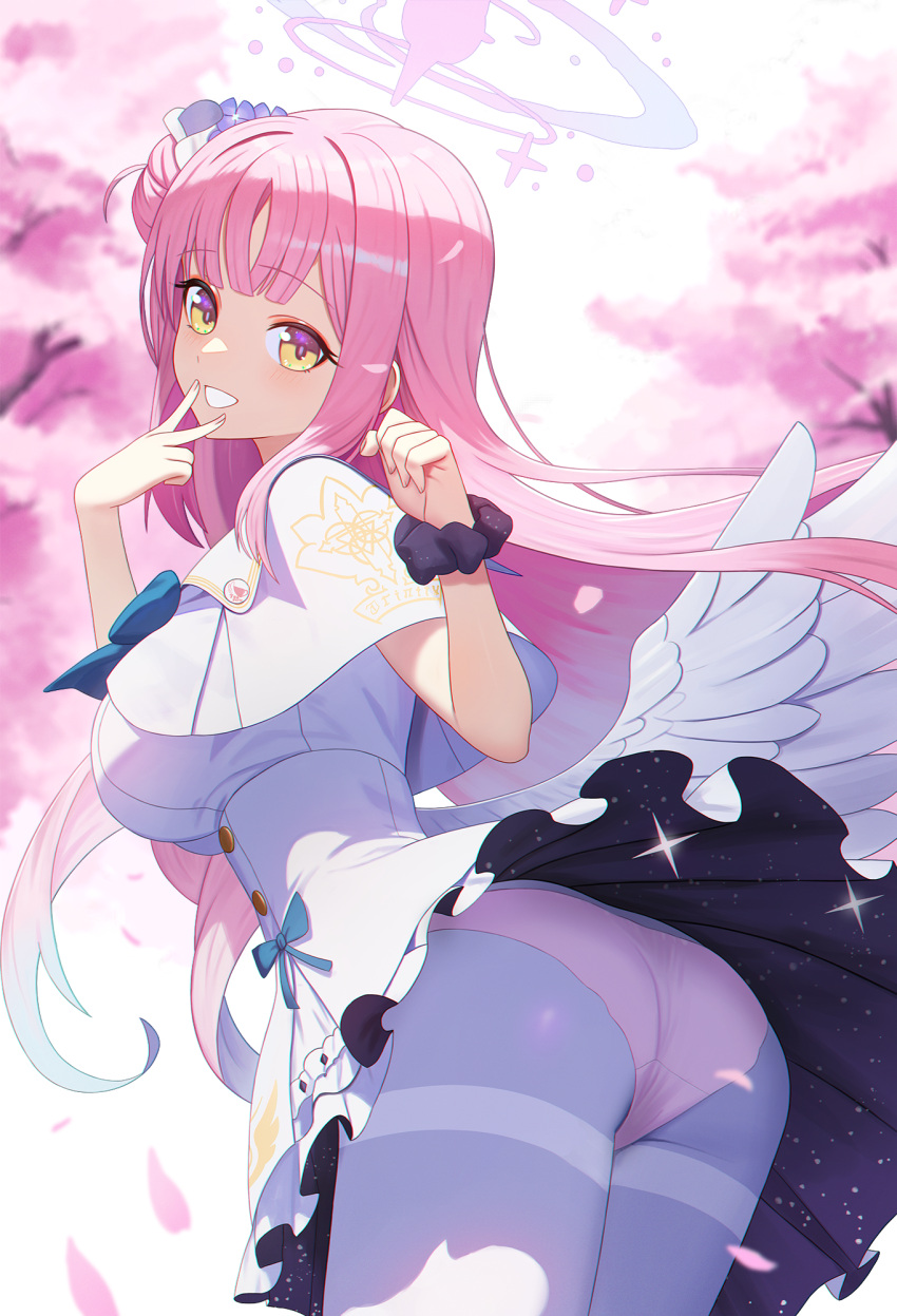 1girl black_scrunchie blue_archive blue_halo blurry blurry_background capelet cherry_blossoms commentary_request dress fingernails gradient_halo halo highres long_hair looking_at_viewer low_wings melreon mika_(blue_archive) panties panties_under_pantyhose pantyhose petals pink_hair pink_halo pink_panties scrunchie solo underwear white_capelet white_dress white_pantyhose white_wings wings wrist_scrunchie yellow_eyes