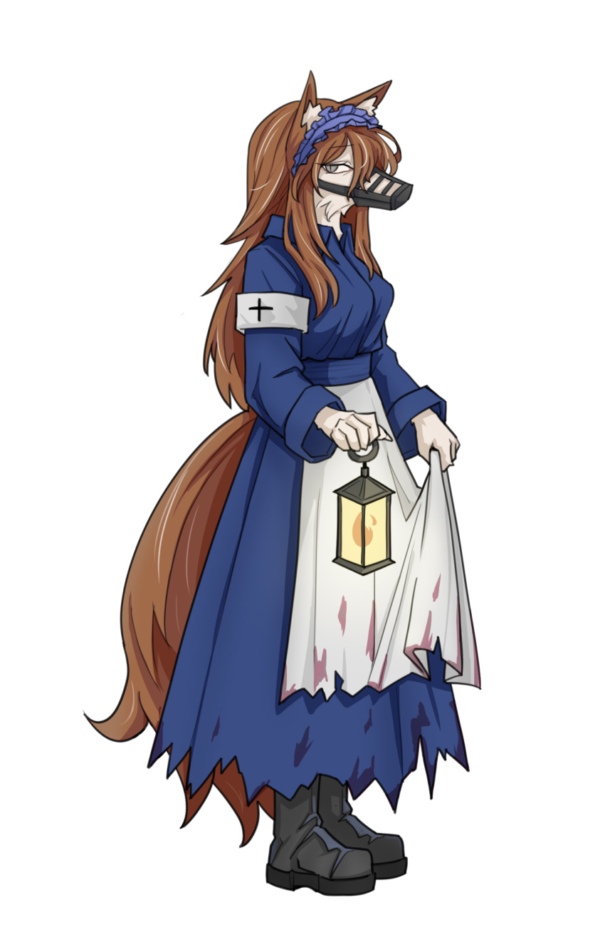 1girl armband black_footwear black_souls blood blood_on_clothes blue_dress blue_hairband blue_sash boots brown_hair dress florence_(black_souls) full_body furry furry_female hairband highres holding holding_lantern lantern long_hair looking_at_viewer muzzle rabbit_king sash simple_background solo white_armband white_background wolf_girl