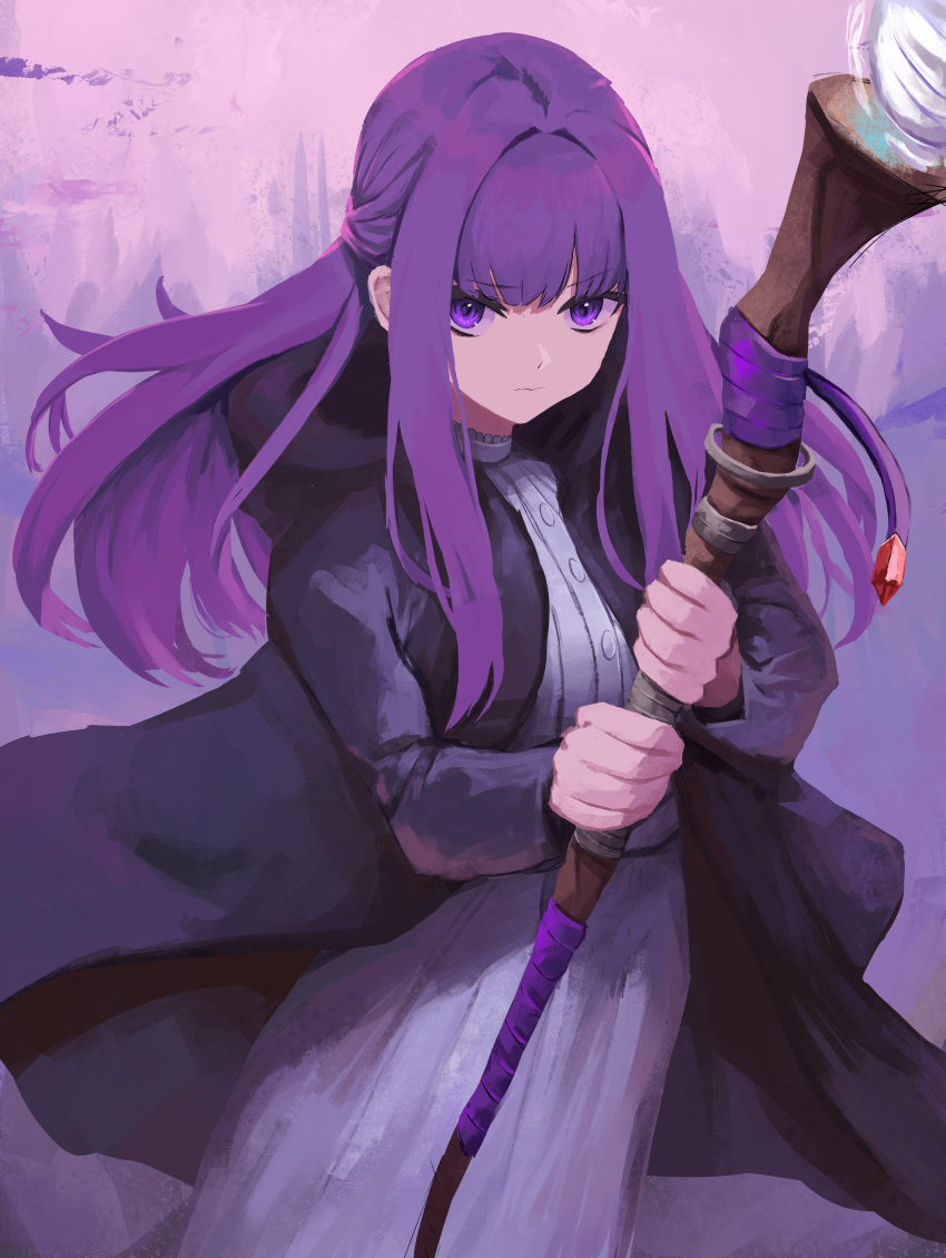 1girl absurdres black_coat coat commentary cowboy_shot dress english_commentary fern_(sousou_no_frieren) hands_up highres holding holding_staff long_hair looking_at_viewer mage_staff open_clothes open_coat purple_background purple_eyes purple_hair purple_theme solo sousou_no_frieren staff standing upper_body v-shaped_eyebrows white_dress yan_kodiac