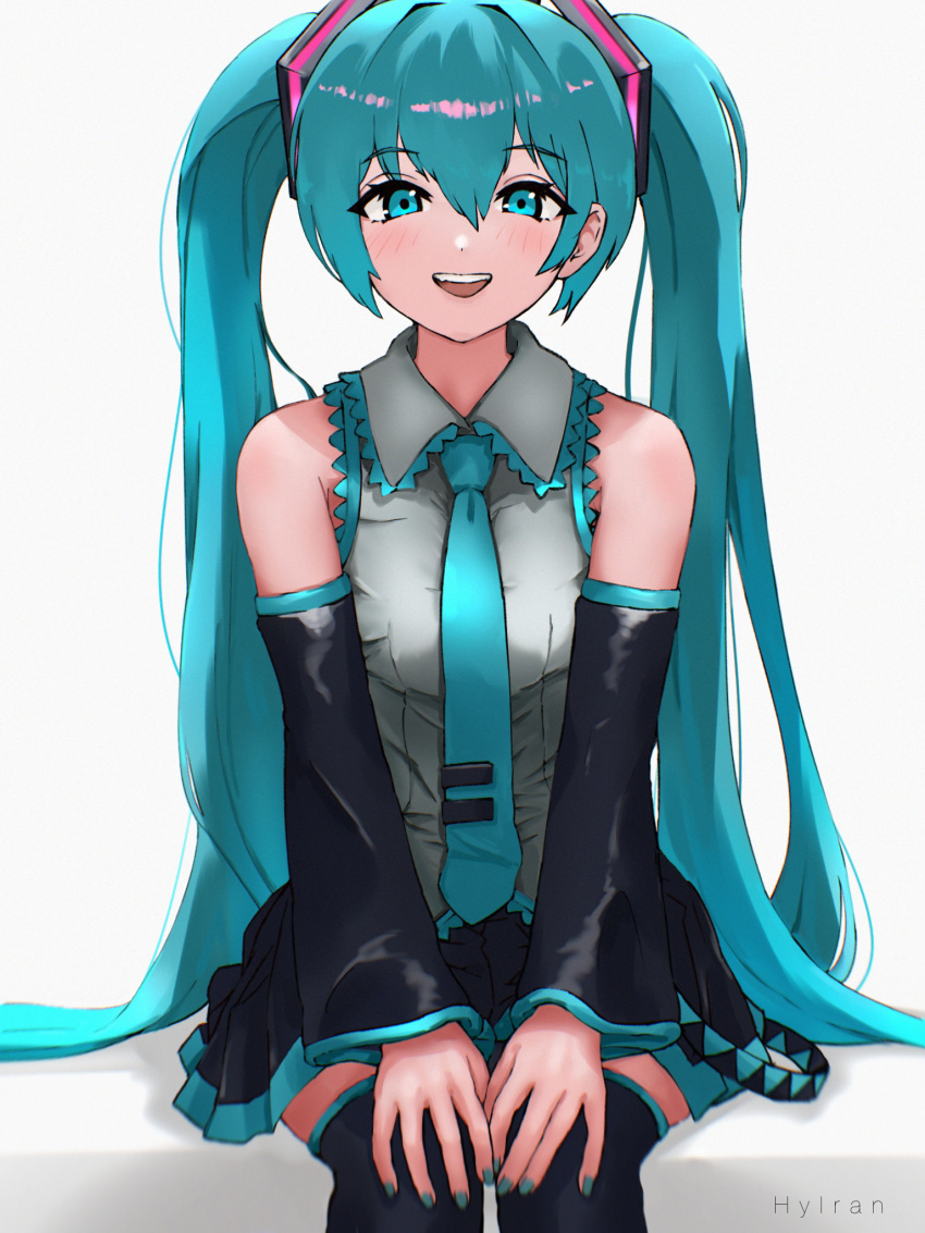 1girl :d artist_name black_skirt black_sleeves black_thighhighs blush collar commentary cowboy_shot detached_sleeves frilled_collar frilled_shirt frills green_eyes green_hair green_nails green_necktie grey_shirt hair_between_eyes hands_on_own_knees happy hatsune_miku highres hylran0427 long_hair looking_at_viewer miniskirt nail_polish necktie open_mouth pleated_skirt shirt sidelocks simple_background sitting skirt sleeveless sleeveless_shirt smile solo straight-on straight_hair teeth thighhighs twintails upper_teeth_only very_long_hair vocaloid white_background wide_sleeves zettai_ryouiki