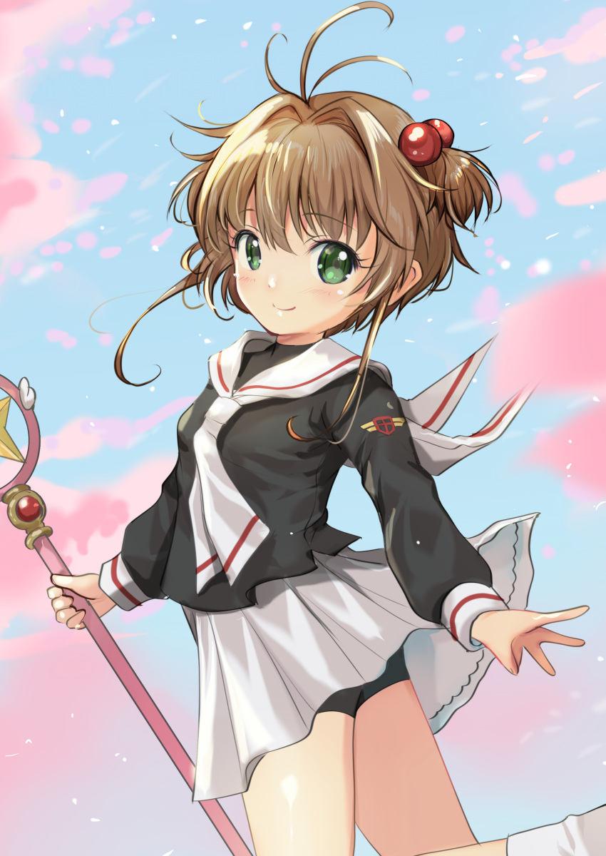 1girl absurdres antenna_hair badge bike_shorts black_shirt brown_hair cardcaptor_sakura green_eyes hair_bobbles hair_ornament highres holding holding_wand hoshi_no_tsue kinomoto_sakura magical_girl neckerchief pleated_skirt sailor_collar school_uniform serafuku shirt short_hair shorts shorts_under_skirt skirt smile solo tomoeda_elementary_school_uniform two_side_up wand white_neckerchief white_sailor_collar white_skirt yashin_(yasinz)