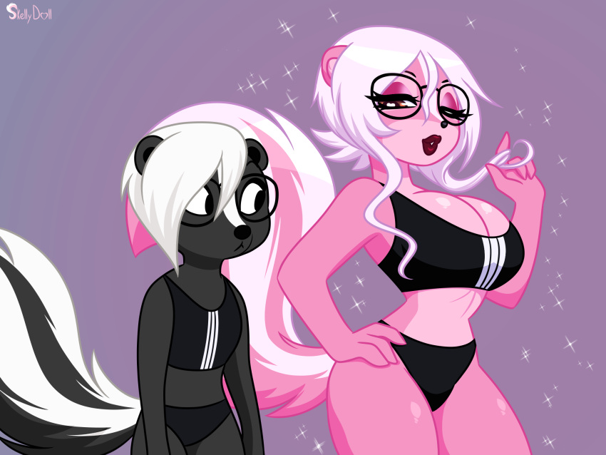 anthro big_breasts black_body black_clothing black_underwear breasts clothing diana_rayablanca duo eyewear female glasses hair hi_res lipstick makeup mammal mephitid pink_body skelly_doll skunk sparkles sports_bra_difference_meme stripes touching_hair twirling_hair underwear white_hair