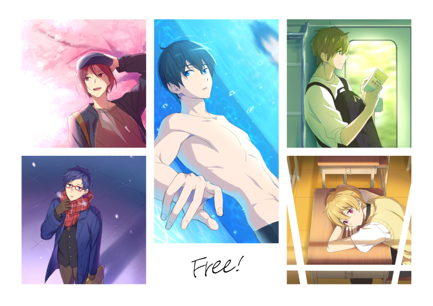 5boys backpack bag baseball_cap black_bag black_shirt blonde_hair blue_coat blue_eyes blue_hair brown_hair bubble cherry_blossoms classroom coat collage copyright_name free! funikurikurara gloves hat hazuki_nagisa highres jewelry long_sleeves looking_outside male_focus matsuoka_rin multiple_boys nanase_haruka_(free!) necklace reading red_hair ryuugazaki_rei scarf shirt short_sleeves tachibana_makoto teeth topless_male train_interior tree underwater white_background