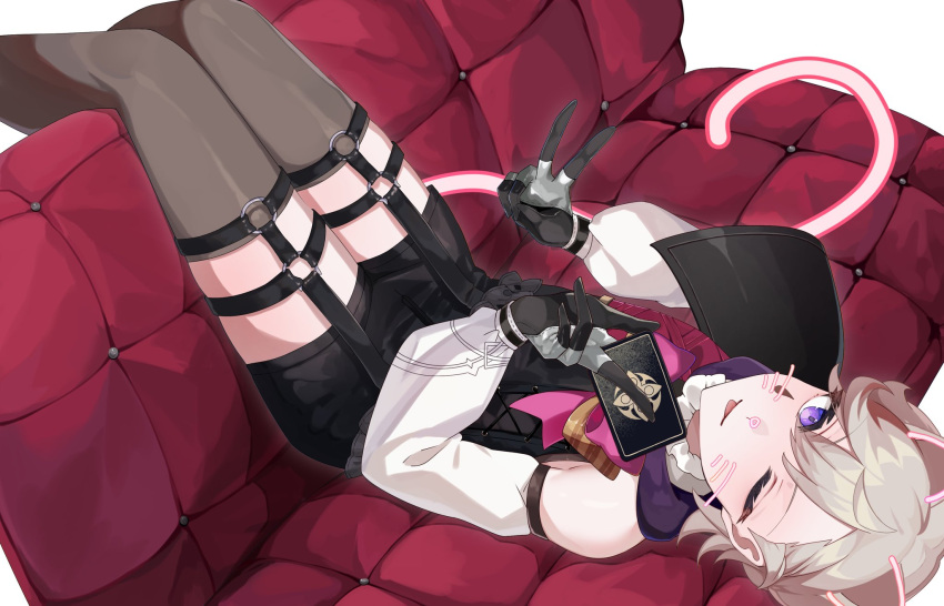1boy androgynous bare_shoulders between_fingers black_gloves black_shorts bow bowtie chobonu collar couch detached_sleeves eyelashes feet_out_of_frame frilled_collar frills from_above garter_straps genshin_impact gloves grey_hair highres holding long_sleeves looking_at_viewer lying lyney_(genshin_impact) male_focus on_back on_couch one_eye_closed parted_bangs pink_bow pink_bowtie purple_eyes short_shorts shorts solo tongue tongue_out v white_sleeves