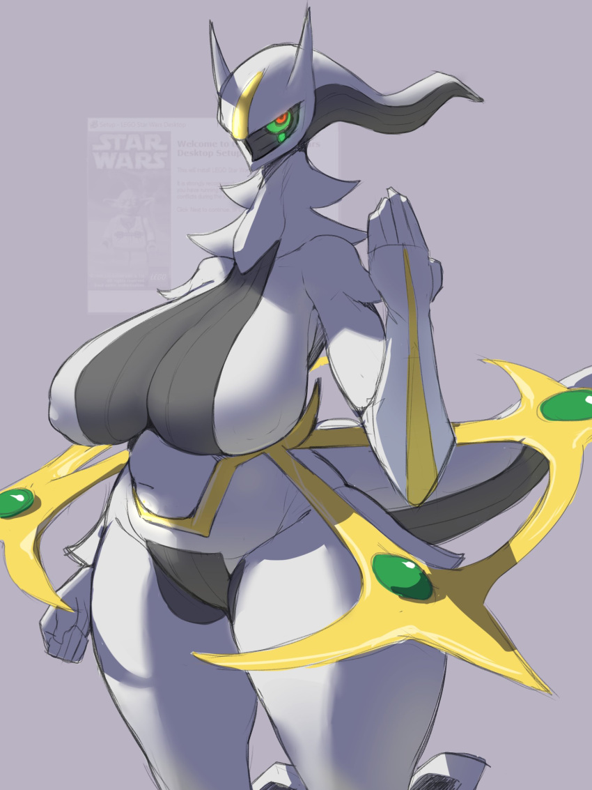 2024 2_horns 5_fingers arceus artform42nd belly big_breasts big_tail black_body body_rings breasts butt butt_tuft colored digital_media_(artwork) featureless_crotch felid female fingers fist gem generation_4_pokemon glare gold_ring green_cheeks green_gem green_sclera grey_background grey_body grey_breasts hi_res horn humanoid jewelry legendary_pokemon lego looking_at_viewer mammal metal mouthless multicolored_body neck_tuft nintendo nipple_outline nude pantherine pokemon pokemon_(species) pseudo_hair pupils red_eyes simple_background solo standing star_wars tail thick_thighs tiger tuft two_tone_body yoda