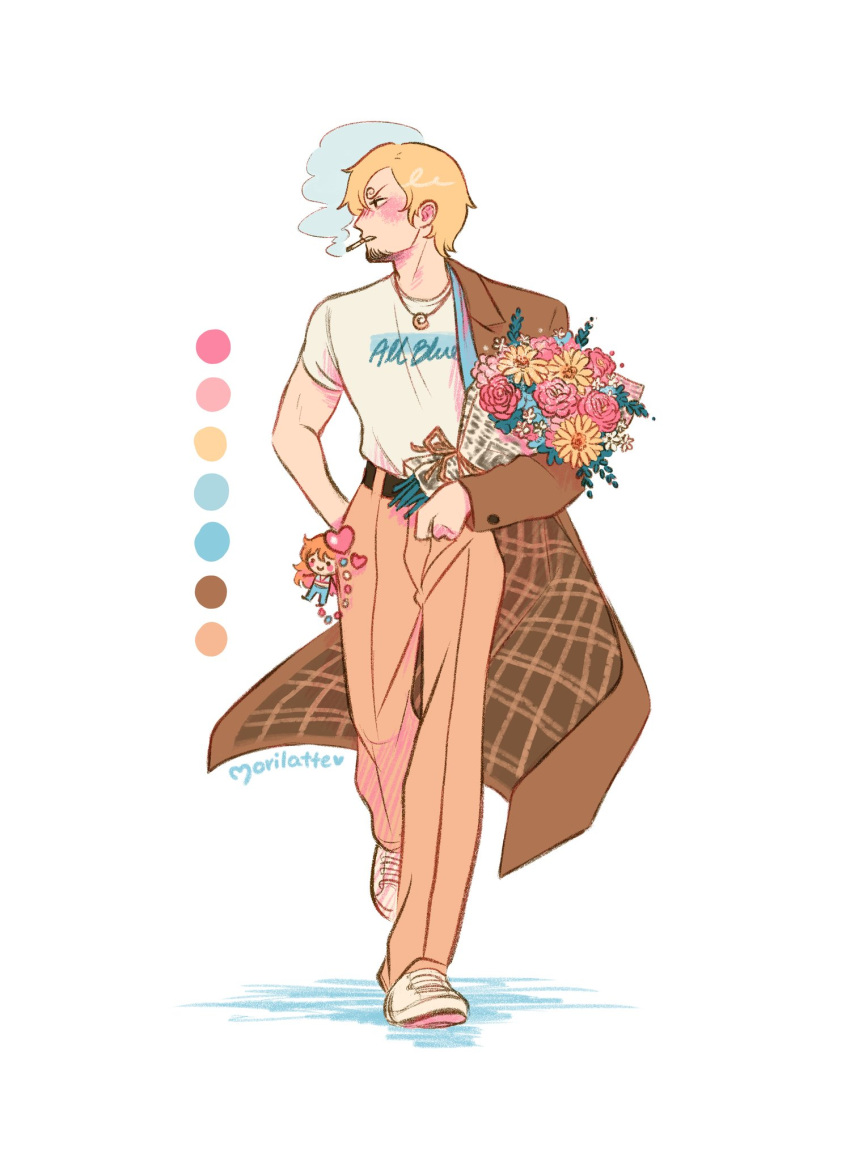 1boy artist_name belt black_belt black_facial_hair blonde_hair blue_flower blush bouquet brown_coat brown_pants character_charm charm_(object) cigarette clothes_writing coat coat_partially_removed color_guide curly_eyebrows facial_hair flower goatee hand_in_pocket heart high-waist_pants highres holding holding_bouquet jewelry looking_to_the_side male_focus morilatte_art nami_(one_piece) necklace newspaper one_piece pants pink_flower red_flower sanji_(one_piece) shell shell_necklace shirt shoes short_hair short_sleeves simple_background smoke smoking sneakers solo walking white_background white_flower white_footwear white_shirt yellow_flower