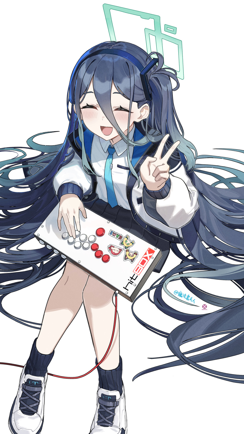 1girl :d ^_^ absurdres arcade_stick aris_(blue_archive) black_hair black_socks blue_archive character_sticker closed_eyes controller game_controller hair_between_eyes hairband halo highres hit_box_(controller) jacket joystick long_hair mahousho midori_(blue_archive) momoi_(blue_archive) necktie pleated_skirt sitting skirt smile socks solo v very_long_hair yuzu_(blue_archive)