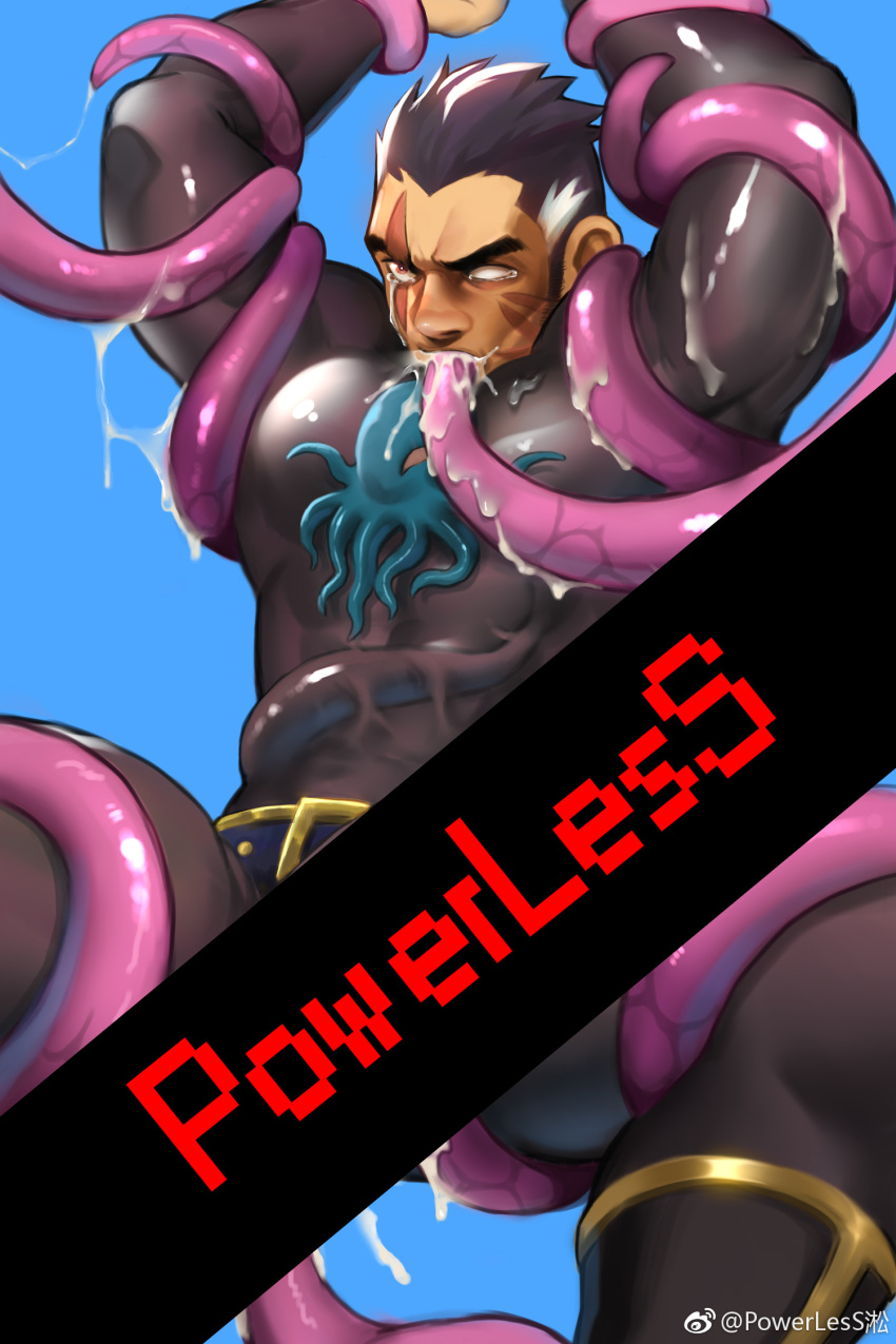1boy arm_up bara black_bodysuit bodysuit defeat feet_out_of_frame highres long_sideburns male_focus mature_male multicolored_hair muscular muscular_male original partially_blind powerlesssong short_hair sideburns solo spread_legs streaked_hair superhero_costume tearing_up tentacle_in_mouth tentacle_pit tentacles tentacles_on_male