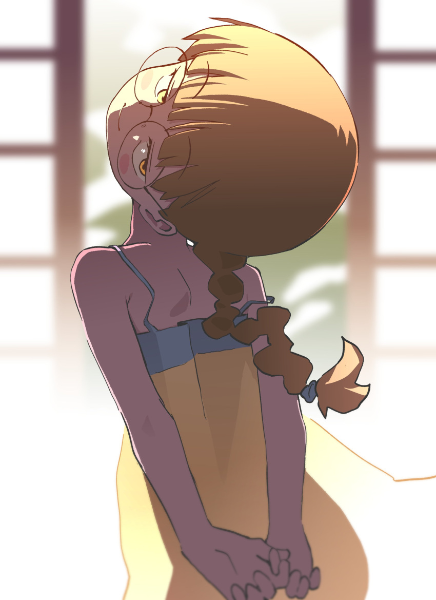 1girl absurdres arms_behind_back blunt_bangs blush braid brown_hair dress glasses highres long_hair looking_at_viewer looking_back mesugaki_(orenji) orenji_(wholesomeorenji) original see-through_silhouette shaft_(company) shaft_look shouji sliding_doors sundress watanabe_akio_(style) yellow_eyes