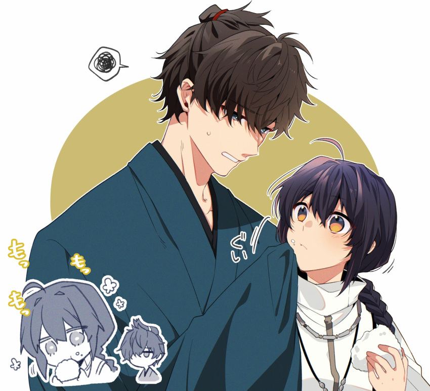 1boy 1other ahoge androgynous black_hair blue_kimono braid braided_ponytail eating ebi_fly_55 fate/samurai_remnant fate_(series) food food_on_face hair_intakes hair_over_one_eye highres holding holding_food japanese_clothes kimono long_hair miyamoto_iori_(fate) onigiri rice rice_on_face sidelocks simple_background single_braid topknot wiping_face wiping_with_clothes yamato_takeru_(fate) yellow_eyes