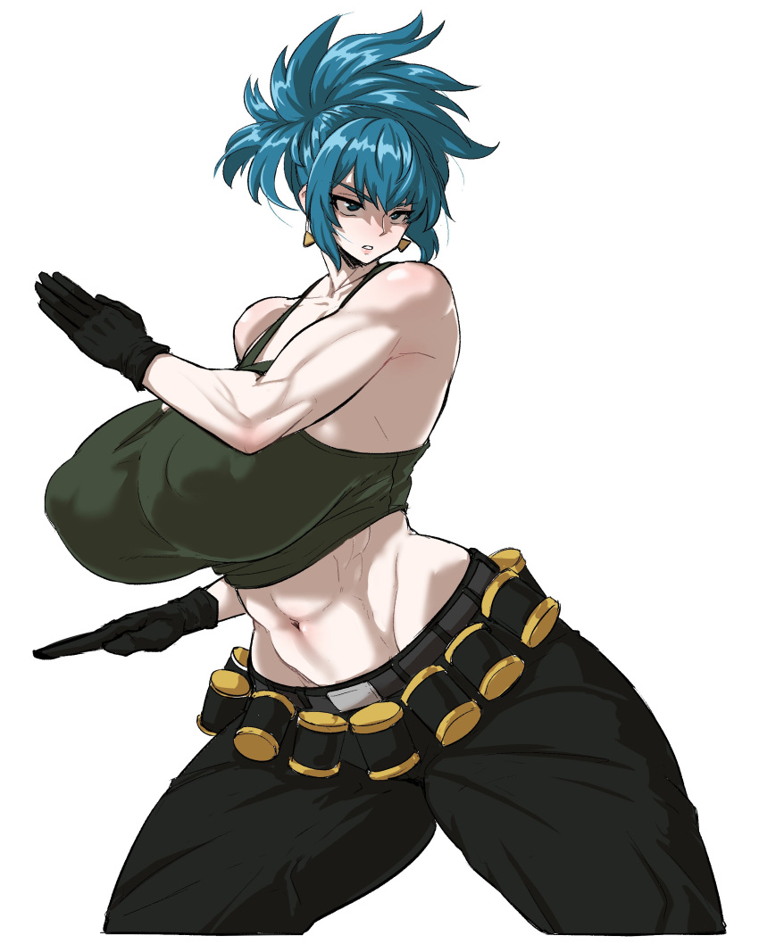 1girl abs absurdres ammunition_belt bare_shoulders black_gloves black_pants black_tank_top blue_eyes blue_hair breasts covered_nipples earrings exabyte_(parallax05) gigantic_breasts gloves highres jewelry leona_heidern muscular muscular_female navel pants ponytail simple_background solo tank_top the_king_of_fighters the_king_of_fighters_xiii triangle_earrings white_background