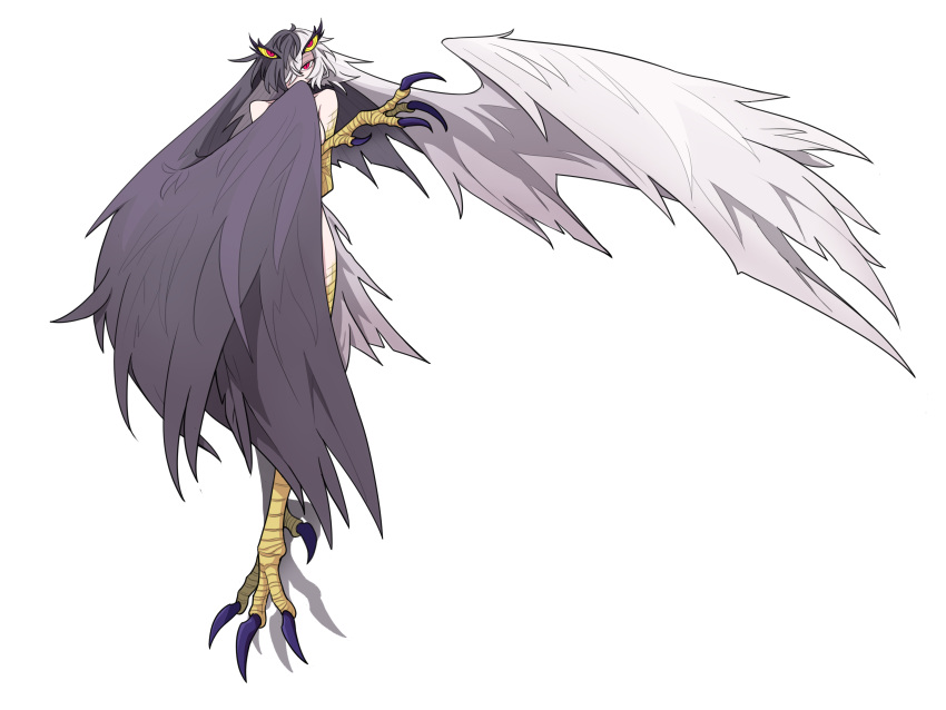 1girl absurdres asymmetrical_wings black_souls claws extra_eyes full_body hair_over_one_eye harpy head_wings highres jubjub_(black_souls) large_wings mismatched_wings monster_girl rabbit_king red_eyes simple_background solo talons white_background wings
