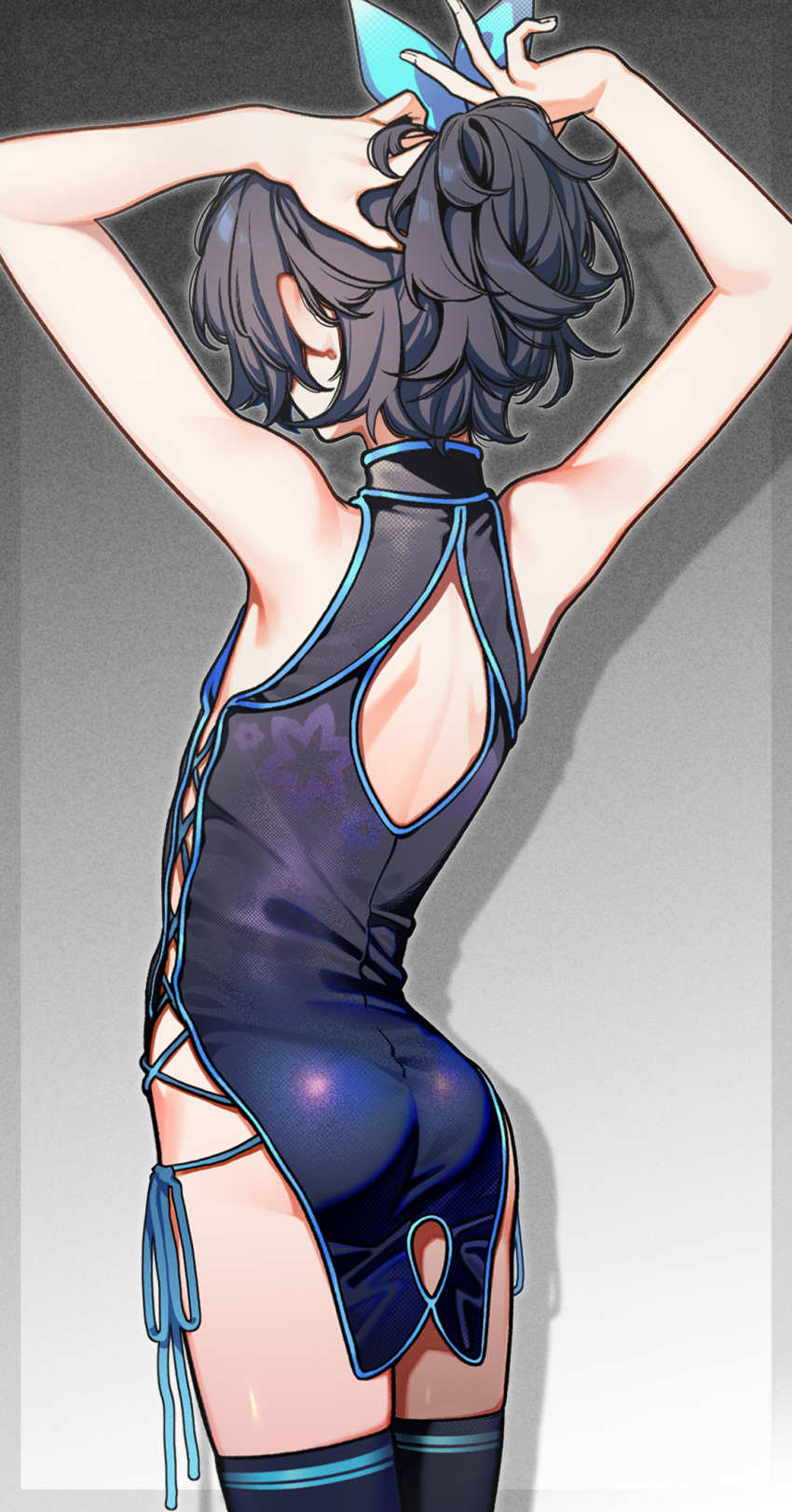 1girl arms_up ass back_cutout black_dress black_hair black_thighhighs clothing_cutout cross-laced_clothes cross-laced_dress dress from_behind genderswap genderswap_(mtf) highres kushizaki_(vtuber) messy_hair original short_ponytail sleeveless sleeveless_dress st_(youx1119) thighhighs tying_hair