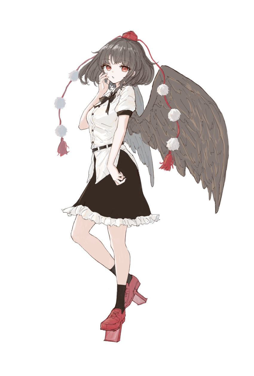 bird_wings black_hair black_ribbon black_skirt black_socks black_wings breasts commentary_request feathers frilled_skirt frills full_body geta hat highres kashiwada_kiiho medium_breasts neck_ribbon parted_lips pom_pom_(clothes) red_footwear red_hair red_hat ribbon shameimaru_aya shirt simple_background skirt socks tassel tengu-geta tokin_hat touhou white_background white_shirt wings