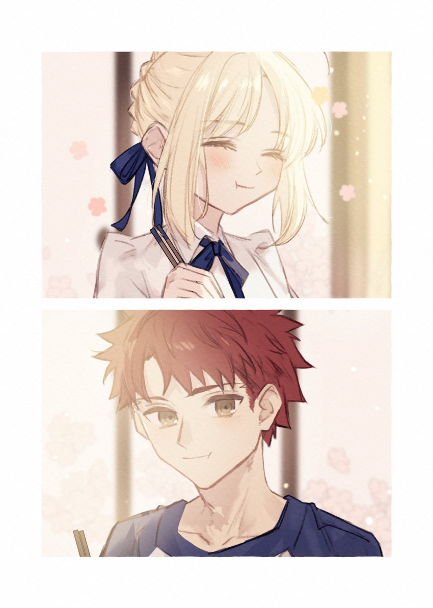 1boy 1girl ahoge artoria_pendragon_(fate) blonde_hair blue_ribbon blush chopsticks closed_eyes collared_shirt eating emiya_shirou fate/stay_night fate_(series) flower hair_ribbon highres holding holding_chopsticks neck_ribbon printemps raglan_sleeves red_hair ribbon saber_(fate) shirt sidelocks smile white_shirt yellow_eyes