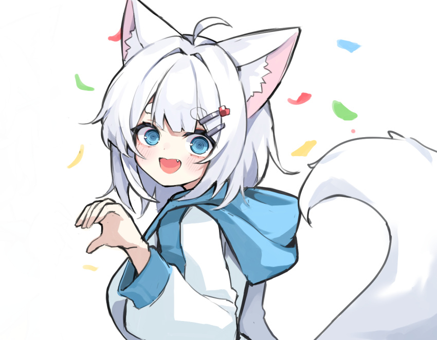 animal_ears blue_eyes finger_heart jacket looking_at_viewer medium_hair multiple_hairpins original tail wang0424 white_hair white_jacket