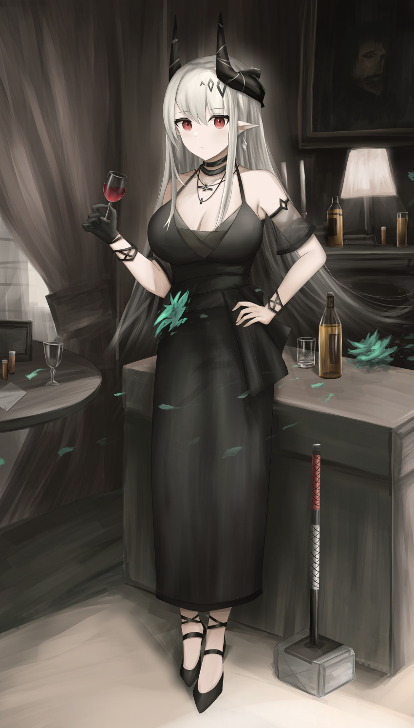 1girl absurdres alcohol arknights bangs black_choker black_dress black_gloves black_hair bottle bracelet breasts candle choker cleavage closed_mouth cup curtains desk_lamp detached_sleeves dress drinking_glass earrings full_body gloves gradient_hair green_flower grey_hair hammer hand_on_hip highres holding holding_cup horns indoors jewelry lamp large_breasts looking_at_viewer mudrock_(arknights) mudrock_(obsidian)_(arknights) multicolored_hair namikare necklace official_alternate_costume petals pointy_ears red_eyes short_sleeves single_glove solo standing table wine wine_glass