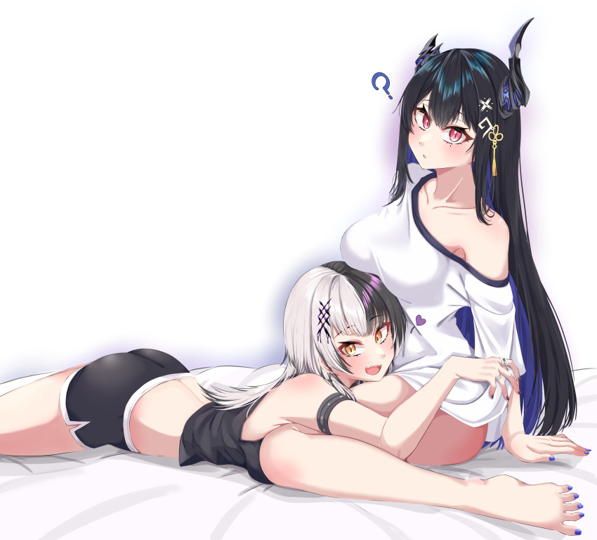 2girls ? absurdres alternate_costume armpit_crease ass asymmetrical_horns bare_legs barefoot bed_sheet black_hair black_horns black_shirt black_shorts blue_hair breasts collarbone colored_inner_hair demon_horns dolphin_shorts feet feet_out_of_frame grey_background grey_hair hair_ornament highres hololive hololive_english horns jewelry large_breasts legs looking_at_viewer lying mmneko multicolored_hair multiple_girls nail_polish nerissa_ravencroft on_bed on_stomach red_eyes ring shiori_novella shirt short_shorts shorts simple_background single_bare_shoulder sitting split-color_hair spread_toes thighs toenail_polish toenails toes two-tone_hair virtual_youtuber white_background white_shirt yellow_eyes