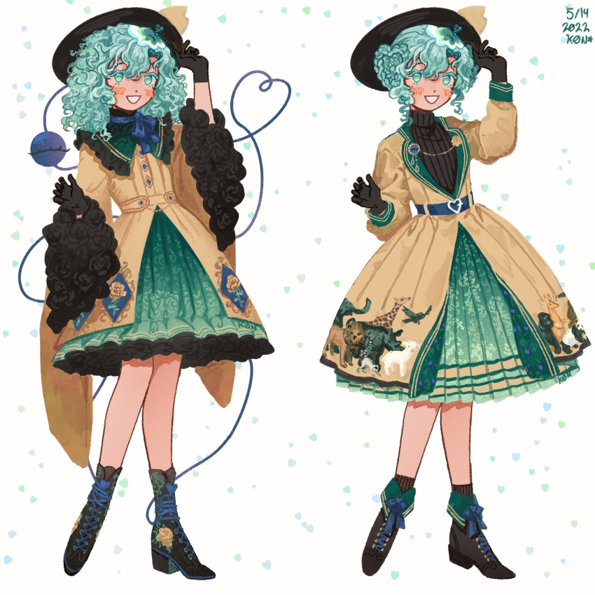 1girl :d ankle_socks artist_name bag belt black_belt black_footwear black_gloves blue_flower blue_rose blush_stickers dot_nose floral_print flower full_body gloves green_eyes green_hair hat hat_ribbon heart heart_print highres jewelry k0nfette koishi_day komeiji_koishi necklace open_mouth pearl_necklace pleated_skirt purple_skirt ribbon rose rose_pin rose_print shirt short_hair skirt smile socks touhou wavy_hair white_background yellow_shirt