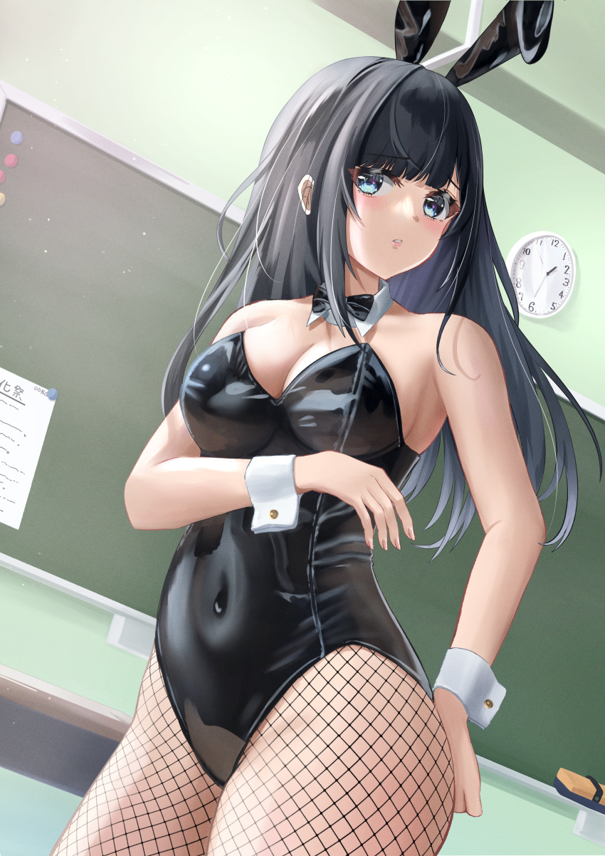 1girl absurdres aimi_(tikichin0229) animal_ears bangs bare_shoulders black_bow black_bowtie black_hair black_leotard blue_eyes bow bowtie breasts chalkboard classroom cleavage clock covered_navel cowboy_shot detached_collar fake_animal_ears fishnet_pantyhose fishnets highres indoors leotard long_hair looking_at_viewer medium_breasts original pantyhose parted_lips playboy_bunny rabbit_ears solo strapless strapless_leotard traditional_bowtie wrist_cuffs