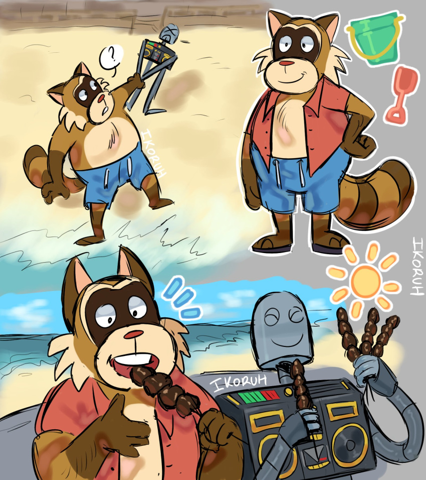 2024 anthro beach belly bottomwear brown_body clothing duo eating eyes_closed food hi_res ikoruh machine male mammal procyonid question_mark raccoon rascal_(robot_dreams) robot robot_(robot_dreams) robot_dreams shirt shorts slightly_chubby smile sun swimwear topwear water