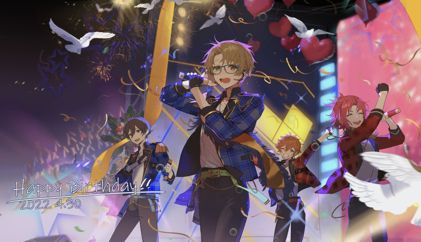 4boys ^_^ absurdres akehoshi_subaru arm_up balloon belt belt_buckle bird black_collar black_gloves black_pants blonde_hair blue-framed_eyewear blue_belt blue_eyes blue_jacket blue_sleeves brooch brown_hair buckle buttons cable clenched_hand closed_eyes coattails collar collared_jacket commentary confetti cowboy_shot dated denim dove english_commentary english_text ensemble_stars! epaulettes fingerless_gloves fireworks glasses gloves glowstick green_belt grin hair_between_eyes hand_on_own_chest hand_on_own_head happy_birthday heart_balloon hidaka_hokuto high-waist_pants highres holding holding_microphone idol isara_mao jacket jeans jewelry lapels leather leather_pants long_sleeves male_focus microphone multiple_boys music night one_eye_closed open_clothes open_jacket open_mouth outstretched_arm pants parted_bangs penlight_(glowstick) plaid plaid_jacket plaid_sleeves red_belt red_hair red_jacket red_sleeves shirt short_hair short_ponytail singing single_fingerless_glove smile stage star_(symbol) star_brooch teeth trickstar_(ensemble_stars!) upper_teeth_only white_shirt xianchong_shi yuuki_makoto_(ensemble_stars!)