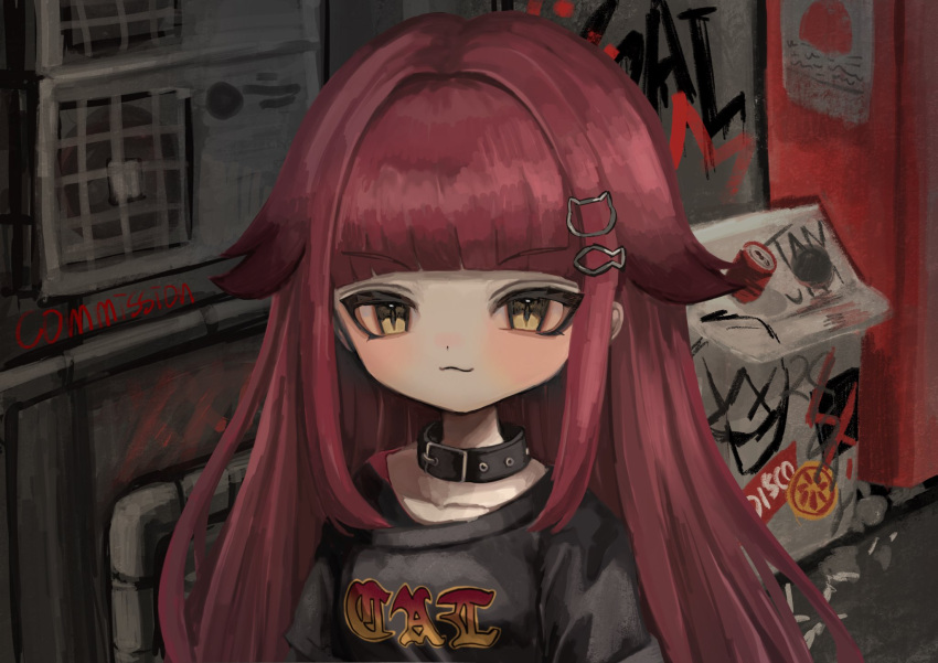 1girl :3 animal_collar black_shirt blunt_bangs cat_hair_ornament closed_mouth clothes_writing collar commission condenser_unit fish_hair_ornament graffiti hair_ornament highres long_hair looking_at_viewer original outdoors red_hair shiona_(siona0625) shirt slit_pupils solo straight_hair upper_body yellow_eyes