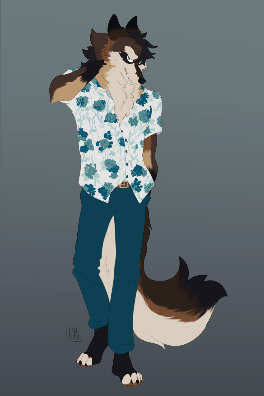absurd_res blue_bottomwear blue_clothing blue_eyes blue_pants bottomwear brown_body brown_fur canid canine canis cinnamomo clothed clothing floral floral_clothing floral_pattern floral_print floral_shirt fur hand_behind_head hand_behind_neck hand_in_pocket hi_res looking_at_viewer male mammal mexican_wolf pants pockets shirt smile smirk solo standing topwear wolf