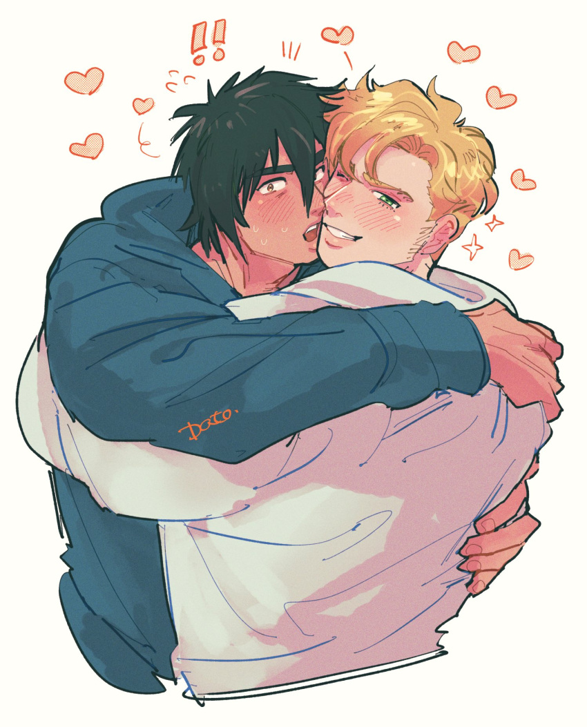 2boys ao_isami black_hair blonde_hair blush couple cropped_torso facial_hair hair_between_eyes heart highres hood hoodie hug ice_nomu lewis_smith loving_aura male_focus multiple_boys mutual_hug nervous_sweating official_alternate_hairstyle one_eye_closed sideburns_stubble stubble sweat thick_eyebrows yaoi yuuki_bakuhatsu_bang_bravern