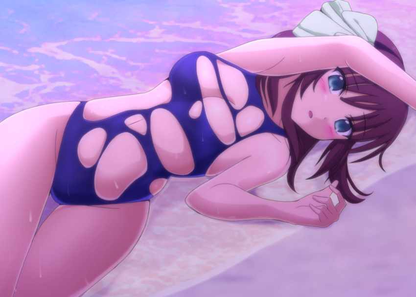 1girl :o angel_beats! arm_up bare_arms bare_shoulders beach black_hairband blue_one-piece_swimsuit blunt_bangs blush bow breasts cleavage commentary_request cowboy_shot curvy dutch_angle eyes_visible_through_hair green_bow green_eyes groin hair_bow hair_spread_out hairband hand_up lelie_(lelie_link) looking_at_viewer lying medium_breasts nakamura_yuri navel ocean on_side one-piece_swimsuit open_mouth outdoors purple_hair shy sidelocks skindentation solo swimsuit thigh_gap thighs torn_clothes torn_swimsuit tsurime twilight water wet