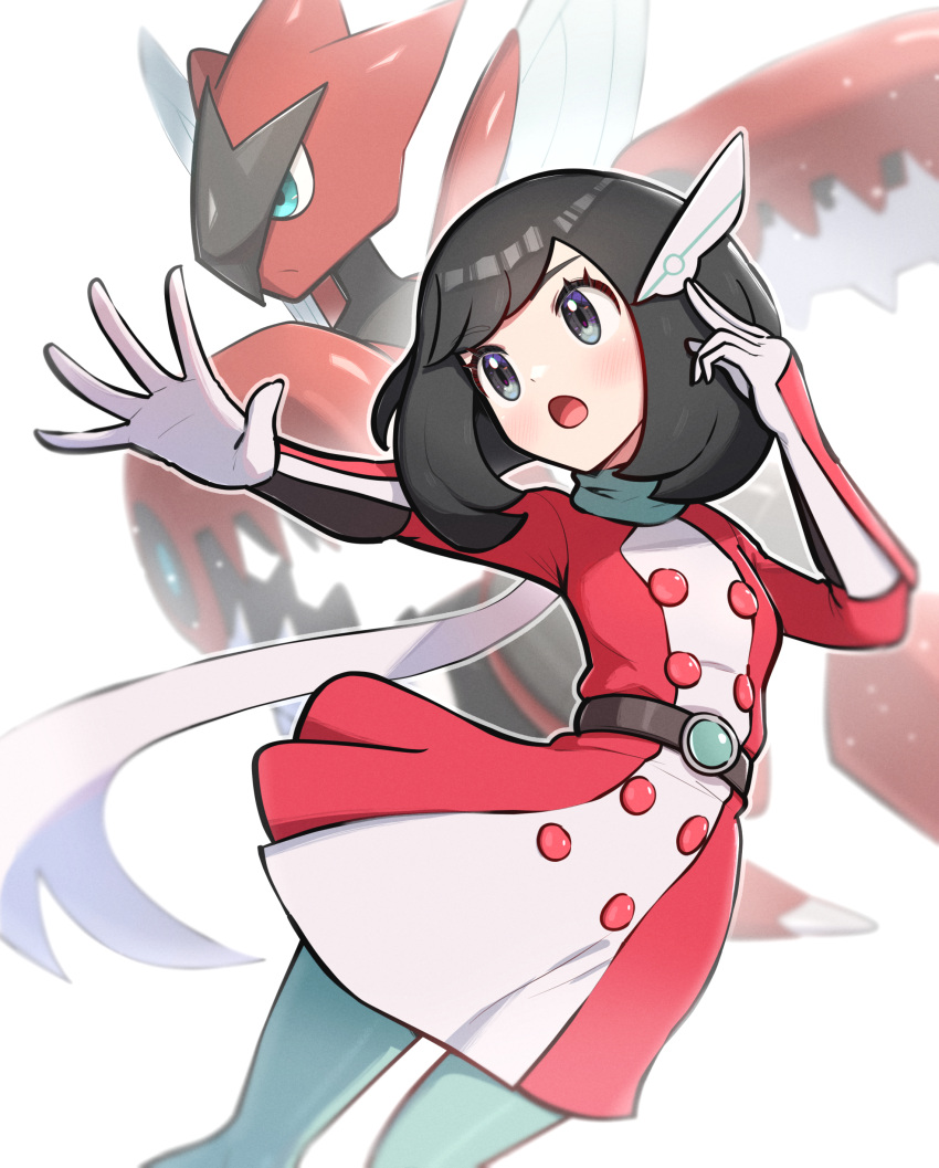 1girl absurdres black_eyes black_hair boots dress gloves gonzarez hair_ornament highres mega_scizor official_alternate_costume open_mouth pantyhose pokemon pokemon_sm red_dress scarf scizor selene_(pokemon) selene_(special_costume)_(pokemon) short_hair two-tone_dress white_dress white_footwear white_gloves white_scarf