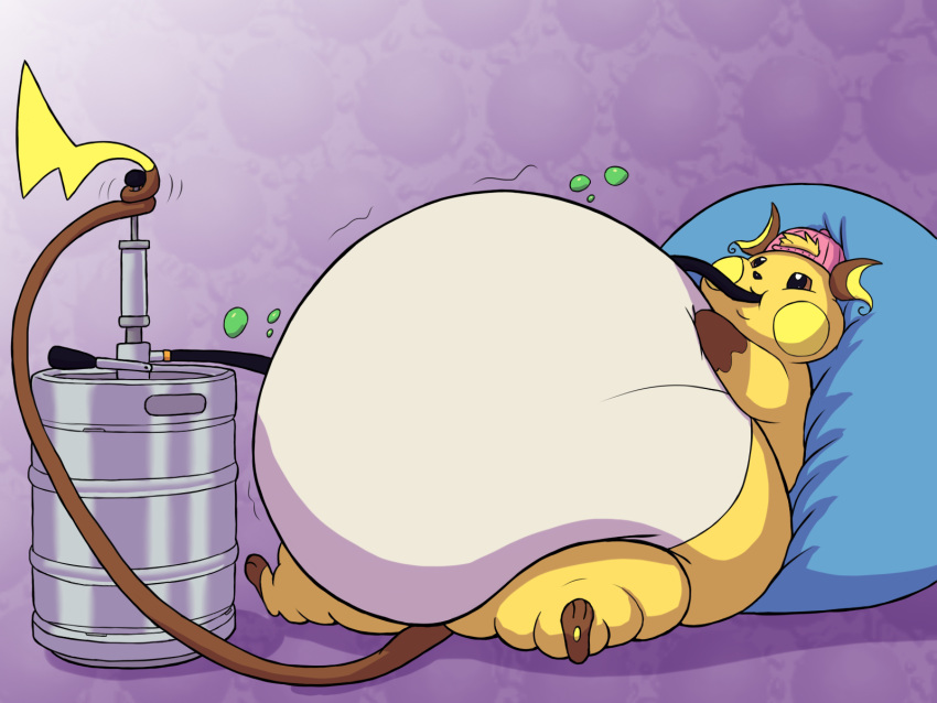 2024 alvro anthro barrel bean_bag belly belly_expansion belly_inflation beverage big_belly black_hose black_nose brown_ears brown_eyes brown_tail cel_shading cheek_bulge chubby_cheeks clothing colored digital_media_(artwork) dipstick_tail drinking dutch_(compactheneko) expansion generation_1_pokemon hat headgear headwear hi_res hose_in_mouth hose_inflation huge_belly hyper hyper_belly inflation inflation_fetish liquid_inflation male markings motion_lines nintendo pink_clothing pink_hat pink_headwear pokemon pokemon_(species) purple_background raichu root_beer shaded simple_background sitting smile soda solo swelling tail tail_markings tail_wrapped tan_belly thick_thighs yellow_body yellow_cheeks yellow_inner_ear yellow_tail_tip