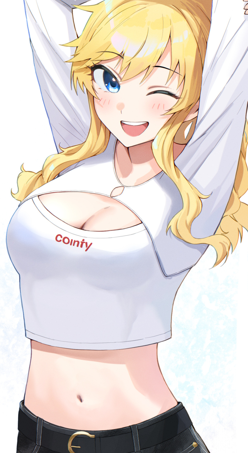 1girl ;d arms_up ban_(puka_0507) blonde_hair blue_eyes blush breasts cleavage crop_top denim highres idolmaster idolmaster_cinderella_girls jeans looking_at_viewer medium_breasts midriff navel ohtsuki_yui one_eye_closed pants shirt shrug_(clothing) smile solo upper_body white_shirt