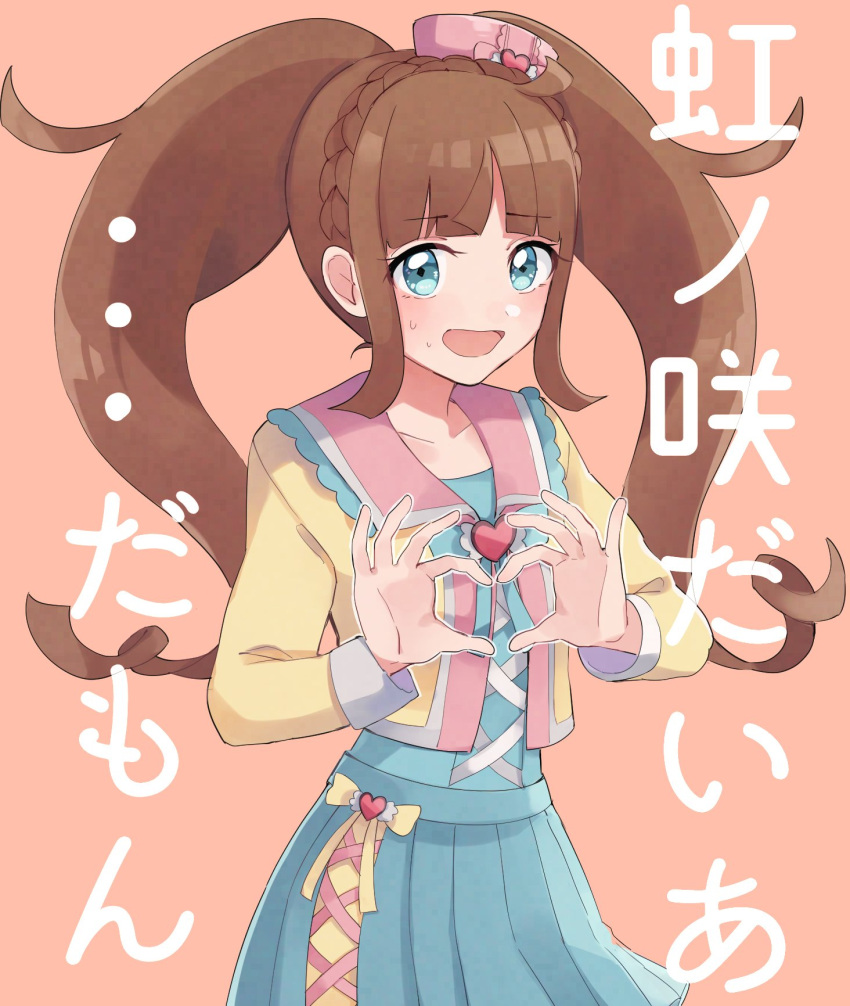 1girl :d ahoge bad_id bad_twitter_id blue_dress blue_eyes blunt_bangs brown_hair commentary_request dress hands_up heart heart_hands highres inactive_account jacket kiratto_pri_chan long_hair long_sleeves looking_at_viewer nervous_smile nijinosaki_dia open_mouth pink_background pretty_series shiyurinpu sidelocks smile solo standing translation_request yellow_jacket