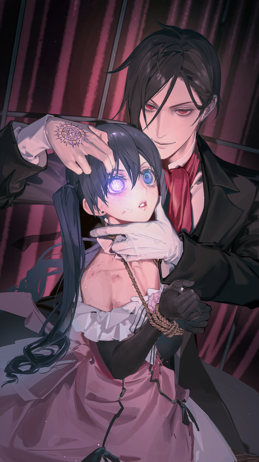 2boys absurdres black_gloves black_hair black_suit blue_eyes blue_hair bound bound_wrists bow bowtie ciel_phantomhive ciel_phantomhive_(robin_dress) closed_mouth crossdressing dark_blue_hair dress earrings elbow_gloves flat_chest flower frilled_dress frills gloves glowing glowing_eye hair_between_eyes hand_tattoo heterochromia highres jewelry kuroshitsuji long_hair magic_circle male_focus multiple_boys otoko_no_ko pink_dress pink_flower purple_eyes red_eyes red_scarf scarf sebastian_michaelis short_hair single_glove smile strapless strapless_dress suit tattoo teeth twintails white_bow white_bowtie white_gloves yisuan23