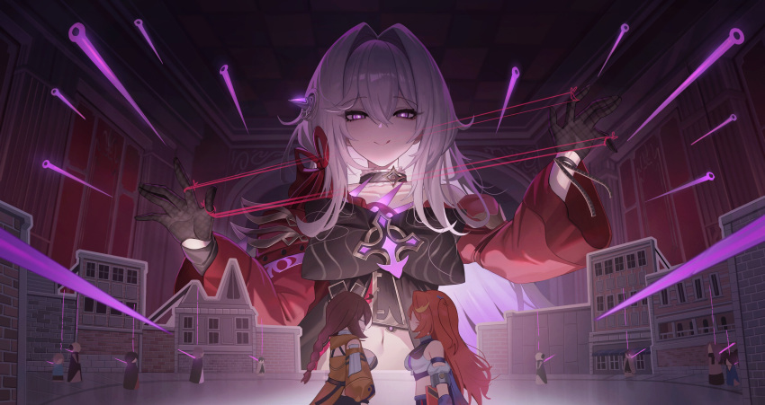 3girls absurdres belly black_choker black_gloves black_ribbon bright_pupils brown_hair building choker cross dark_background female_dreamseeker_(honkai_impact) gloves hair_ornament highres holding holding_string honkai_(series) honkai_impact_3rd indoors jacket jeze long_hair long_sleeves multiple_girls naughty_face navel needle purple_eyes red_hair red_jacket red_ribbon ribbon senadina_(honkai_impact) single_bare_shoulder smile string thelema_(honkai_impact) tongue tongue_out very_long_hair white_hair white_pupils