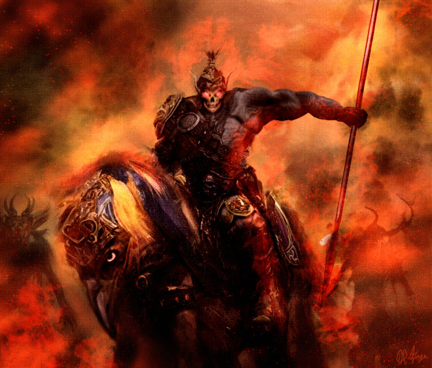 1boy armor clark_&amp;_company gagarth_(glorantha) glorantha glowing glowing_eyes helmet holding holding_polearm holding_weapon horseback_riding looking_at_viewer muscular muscular_male outdoors polearm red_background red_eyes riding solo_focus weapon