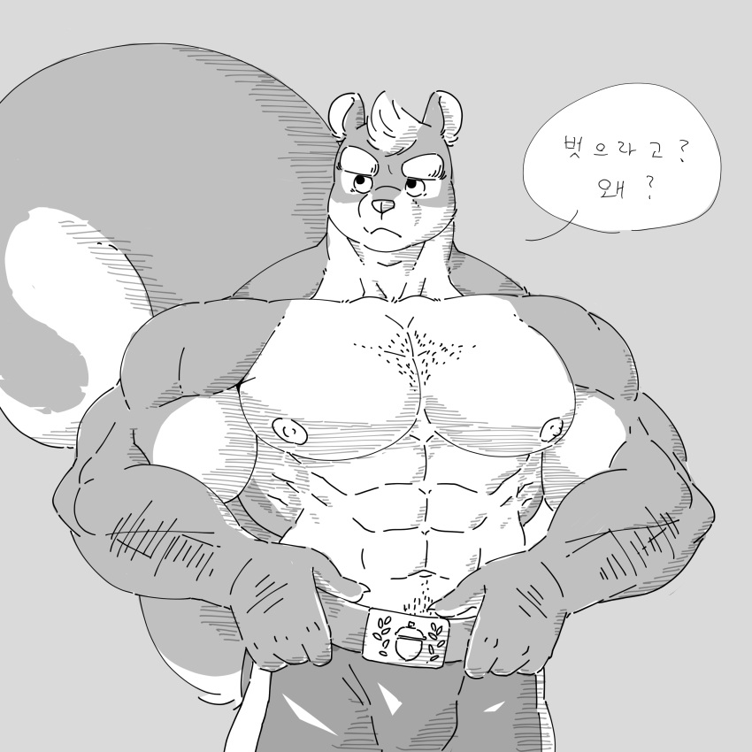 abs absurd_res anthro areola biceps clothed clothing eyebrows fingers hi_res korean_text male mammal mephitid monochrome muscular muscular_anthro muscular_male nipples pecs skunk solo speech_bubble tail text topless topless_anthro topless_male witherrose1