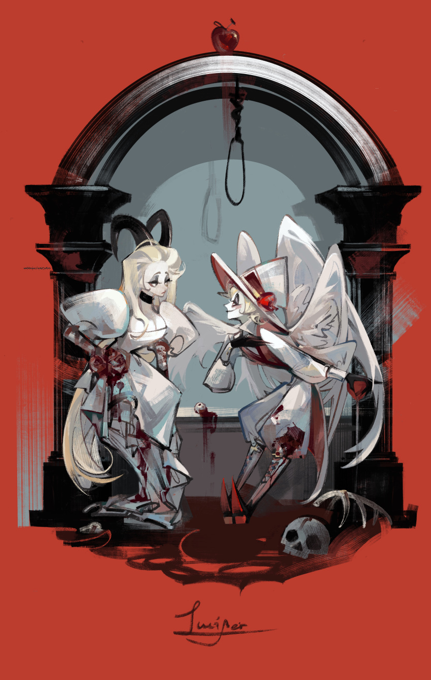 1boy 1girl 2652893384 absurdres blonde_hair blood demon_boy demon_girl demon_horns dress hazbin_hotel highres horns husband_and_wife lilith_(hazbin_hotel) long_hair looking_at_another lucifer_morningstar_(hazbin_hotel) very_long_hair white_dress