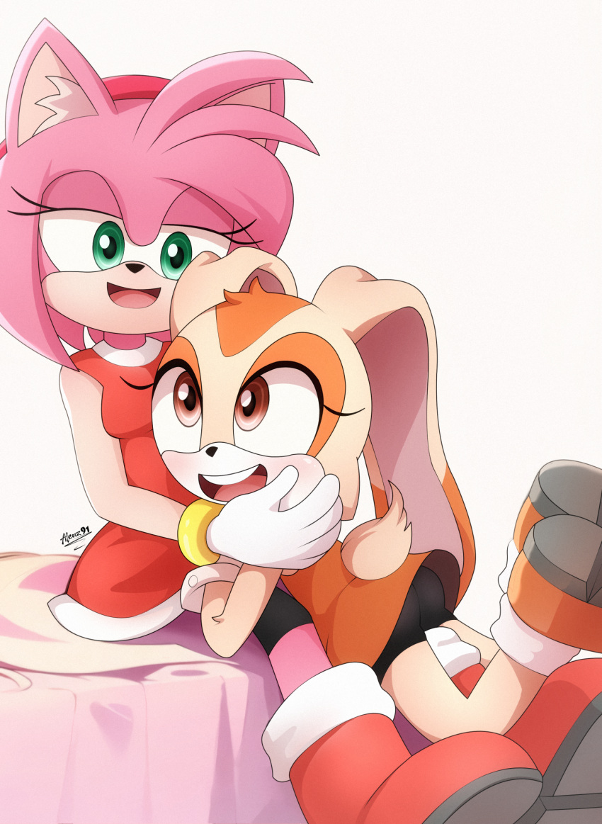 2024 age_difference aleuz91 amy_rose blush butt clothed clothing cream_the_rabbit dress eulipotyphlan female hedgehog hi_res holding_another hug lagomorph leporid mammal rabbit sega simple_background sitting smile sonic_the_hedgehog_(series) spats