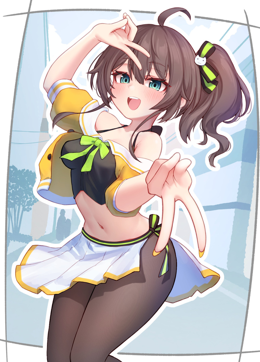 1girl absurdres ahoge aqua_eyes arm_up black_camisole black_pantyhose blush border bow bowtie breasts brown_hair camisole double_v fingernails green_bow green_bowtie hair_between_eyes hashtag-only_commentary highres hololive jacket looking_at_viewer midriff nail_polish natsuiro_matsuri natsuiro_matsuri_(1st_costume) navel nokonata off-shoulder_jacket off_shoulder open_mouth pantyhose pleated_skirt short_sleeves side_ponytail sketch_background skirt small_breasts smile solo teeth thighs upper_teeth_only v virtual_youtuber white_border white_skirt yellow_jacket yellow_nails