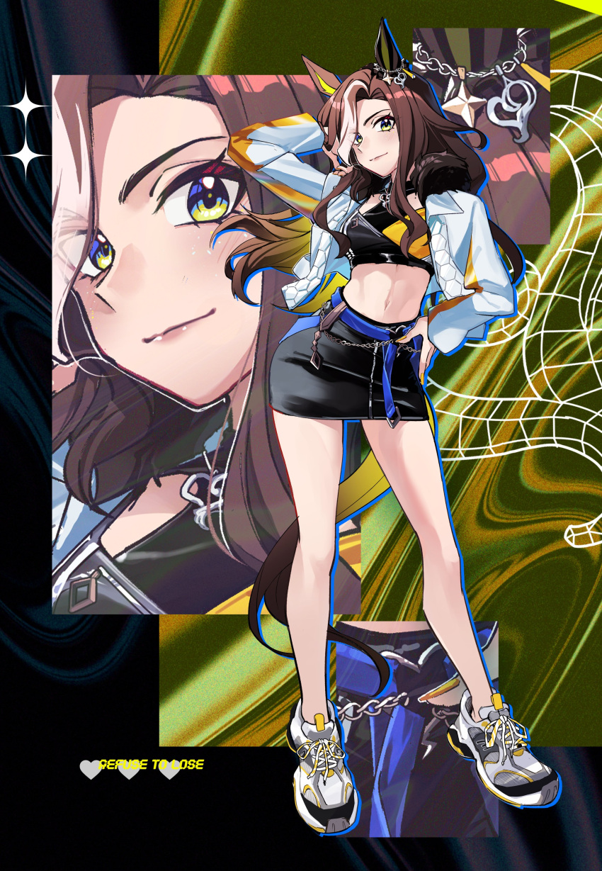 1girl absurdres alternate_costume animal_ears black_skirt brown_hair daring_heart_(umamusume) ear_covers full_body fuyukayui hair_over_one_eye highres horse_ears horse_girl jacket long_hair looking_at_viewer midriff multicolored_hair navel open_clothes open_jacket pencil_skirt shoes single_ear_cover skirt smile sneakers solo streaked_hair umamusume white_footwear white_hair white_jacket yellow_eyes