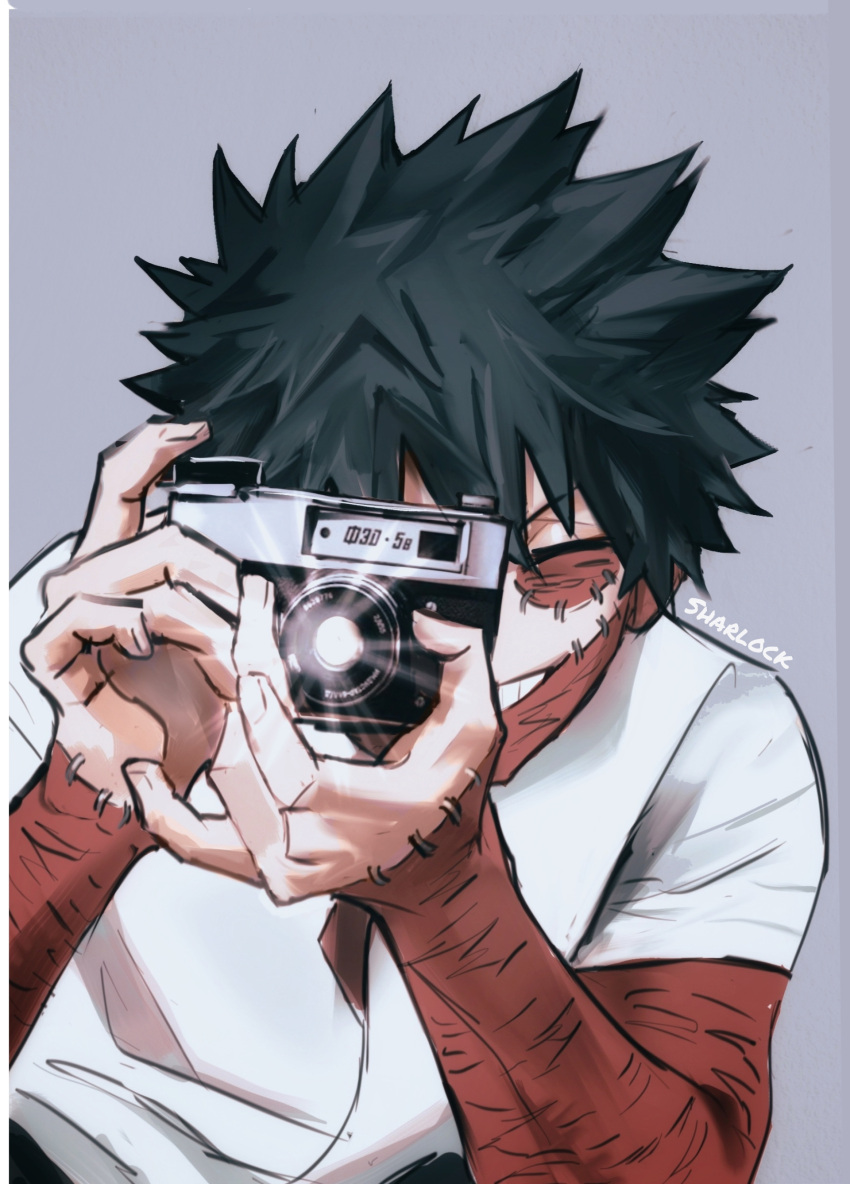 1boy absurdres artist_name black_hair boku_no_hero_academia burn_scar camera cheek_piercing closed_eyes commentary dabi_(boku_no_hero_academia) grin highres holding holding_camera male_focus multiple_scars scar scar_on_arm scar_on_face sharl0ck shirt smile solo spiked_hair symbol-only_commentary taking_picture upper_body white_shirt