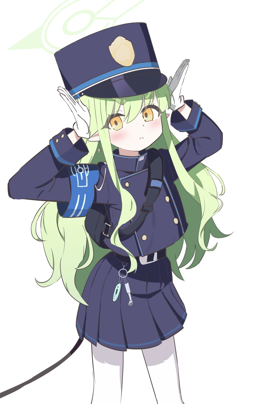 1girl absurdres armband arms_up belt black_belt black_hat black_jacket black_skirt blue_archive blue_armband blush closed_mouth cowboy_shot gloves green_hair green_halo hair_between_eyes halo hat highres hikari_(blue_archive) jacket long_hair long_sleeves nanase_(user_rrgd5857) pantyhose peaked_cap pleated_skirt pointy_ears simple_background skirt solo standing white_background white_gloves white_pantyhose yellow_eyes