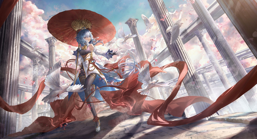 1girl absurdres ahoge ankle_ribbon architecture bangs bare_shoulders bell bird black_bodysuit black_gloves blue_hair blue_sky bodysuit breasts chinese_clothes cloud cowbell detached_collar detached_sleeves falling_petals floating_hair flower_knot full_body ganyu_(genshin_impact) genshin_impact gloves goat_horns hair_between_eyes highres holding holding_umbrella horns leg_ribbon long_hair looking_at_animal looking_to_the_side open_mouth outstretched_arm petals pillar purple_eyes revision ribbon scenery sky standing standing_on_one_leg stone_floor stone_pillar umbrella white_bird white_sleeves wind zeklewa