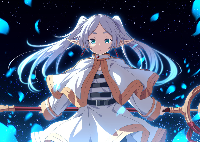 1girl absurdres belt belt_buckle black_belt blue_eyes buckle capelet commentary_request earrings elf frieren grey_hair highres holding holding_staff jewelry long_hair looking_at_viewer night night_sky parted_bangs parted_lips petals pointy_ears shirt short_eyebrows sidelocks skirt sky solo sousou_no_frieren staff star_(sky) starry_sky striped_clothes striped_shirt thick_eyebrows twintails ugume very_long_hair white_capelet white_skirt